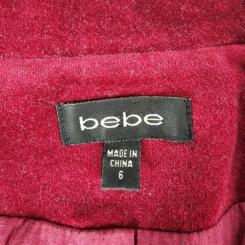 Bebe Womens Burgundy Velvet Belted Blazer Jacket Size 6 Red Wine Silver Buttons - Picture 2 of 8